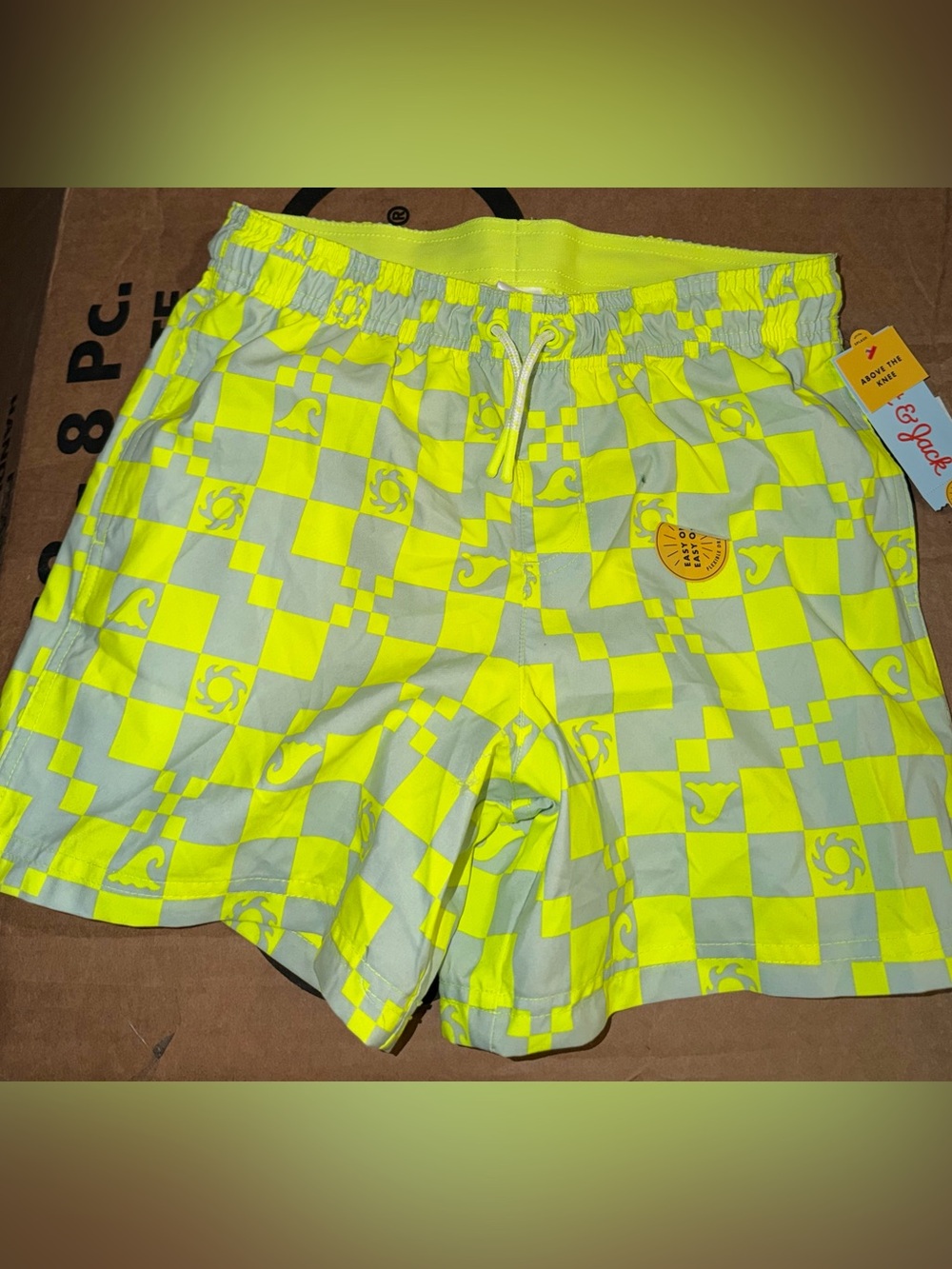 Target Neon Yellow and Light Gray Checkerboard Kids Swim Trunks